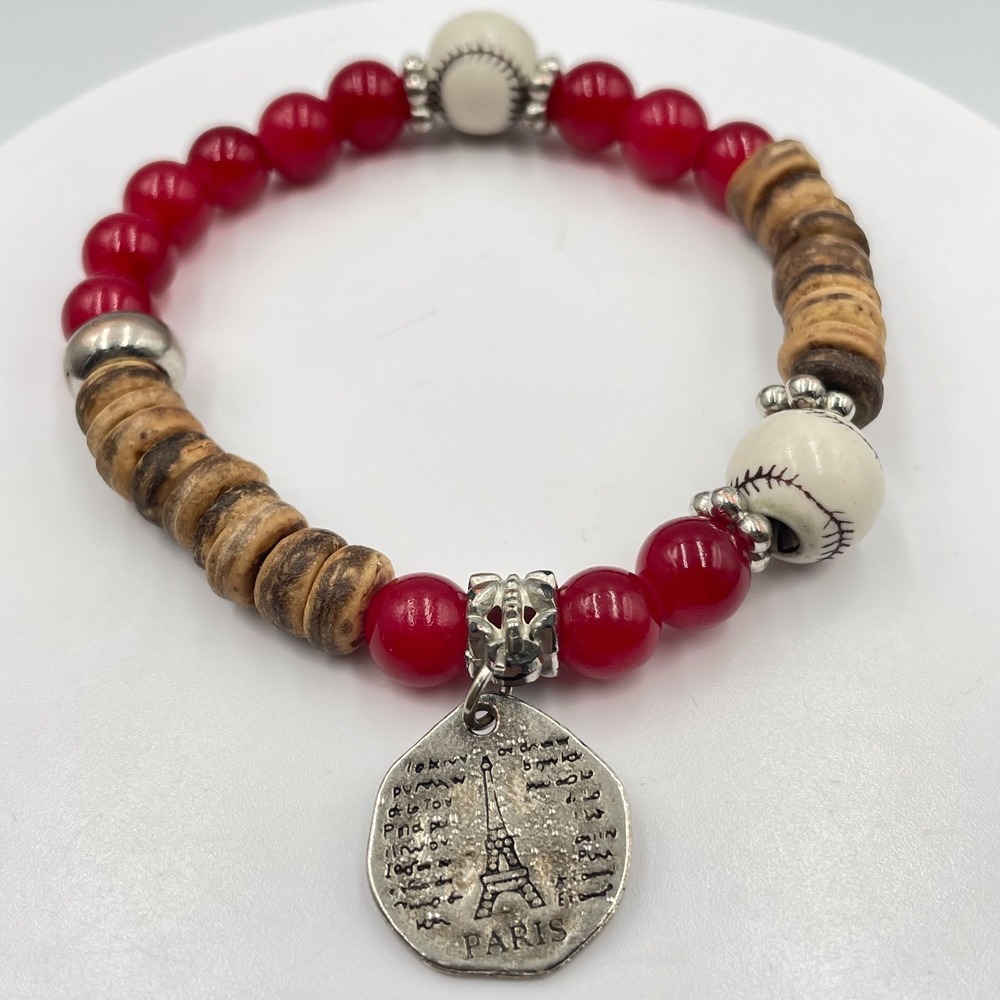 VTG Red Agate Glass Baseball Bead Wood Disc Paris Eiffel Tower Charm Bracelet